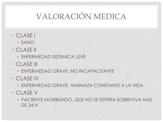 VALORACIÓN MEDICA
• CLASE I
• SANO

• CLASE II
• ENFERMEDAD SISTEMICA LEVE

• CLASE III
• ENFERMEDAD GRAVE, NO INCAPACITANTE

• CLASE IV
• ENFERMEDAD GRAVE, AMENAZA CONSTANTE A LA VIDA

• CLASE V
• PACIENYE MORIBUNDO, QUE NO SE ESPERA SOBREVIVA MAS
DE 24 H

 
