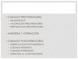 • CUIDADO PREOPERATORIO
• DIAGNOSTICO
• VALORACION PREOPERATORIA
• PREPARACION PREOPERATORIA

• ANESTESIA Y OPERACIÓN
• CUIDADO POSTOPERATORIO
•
•
•
•

OBSERVACION POSTANESTESICA
CUIDADO INTENSIVO
CUIDADO INTERMEDIO
ATENCION AL CONVALECIENTE

 
