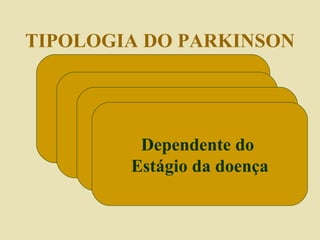 TIPOLOGIA DO PARKINSON Início gradual Progressivo Conseqüências múltiplas Dependente do  Estágio da doença 