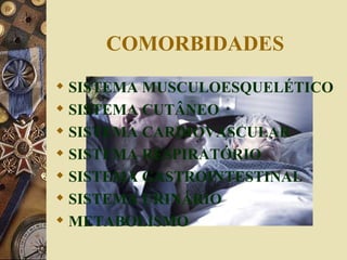 COMORBIDADES SISTEMA MUSCULOESQUELÉTICO SISTEMA CUTÂNEO SISTEMA CARDIOVASCULAR SISTEMA RESPIRATÓRIO SISTEMA GASTROINTESTINAL SISTEMA URINÁRIO METABOLISMO 