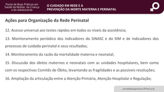 portaldeboaspraticas.iff.fiocruz.br
O CUIDADO EM REDE E A
PREVENÇÃO DA MORTE MATERNA E PERINATAL
12. Acesso universal aos testes rápidos em todos os níveis da assistência;
13. Monitoramento periódico dos indicadores do SINASC e do SIM e de indicadores dos
processos de cuidado perinatal e seus resultados;
14. Monitoramento da razão da mortalidade materna e neonatal;
15. Discussão dos óbitos maternos e neonatais com as unidades hospitalares, bem como
com os respectivos Comitês de Óbito, levantando as fragilidades e as possíveis resoluções;
16. Ampliação da articulação entre a Atenção Primária, Atenção Hospitalar e Regulação;
Ações para Organização da Rede Perinatal
 