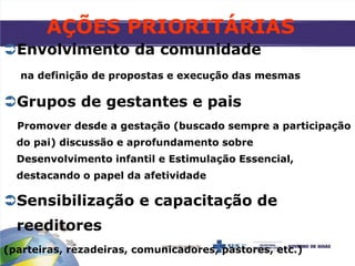 AÇÕES PRIORITÁRIAS
Envolvimento da comunidade
na definição de propostas e execução das mesmas
Grupos de gestantes e pais
Promover desde a gestação (buscado sempre a participação
do pai) discussão e aprofundamento sobre
Desenvolvimento infantil e Estimulação Essencial,
destacando o papel da afetividade
Sensibilização e capacitação de
reeditores
(parteiras, rezadeiras, comunicadores, pastores, etc.)
 