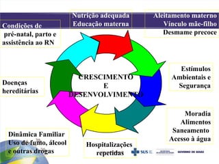 CRESCIMENTO
E
DESENVOLVIMENTO
Aleitamento materno
Vínculo mãe-filho
Desmame precoce
Moradia
Alimentos
Saneamento
Acesso à água
Estímulos
Ambientais e
Segurança
Dinâmica Familiar
Uso de fumo, álcool
e outras drogas
Doenças
hereditárias
Hospitalizações
repetidas
Condições de
pré-natal, parto e
assistência ao RN
Nutrição adequada
Educação materna
 