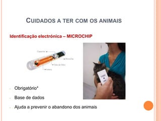 CUIDADOS A TER COM OS ANIMAIS

Identificação electrónica – MICROCHIP




-   Obrigatório*

-   Base de dados

-   Ajuda a prevenir o abandono dos animais
 