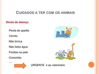CUIDADOS A TER COM OS ANIMAIS

Sinais de doença


-   Perda de apetite
-   Vómito
-   Não brinca
-   Não bebe água
-   Feridas na pele
-   Comichão
-   ….
                       URGENTE ir ao veterinário
 