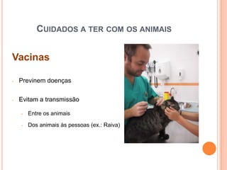 CUIDADOS A TER COM OS ANIMAIS


Vacinas

-   Previnem doenças

-   Evitam a transmissão

    -   Entre os animais

    -   Dos animais às pessoas (ex.: Raiva)
 