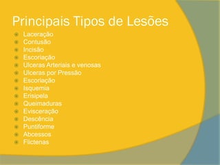 Principais Tipos de Lesões
   Laceração
   Contusão
   Incisão
   Escoriação
   Ulceras Arteriais e venosas
   Ulceras por Pressão
   Escoriação
   Isquemia
   Erisipela
   Queimaduras
   Evisceração
   Descência
   Puntiforme
   Abcessos
   Flictenas
 