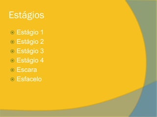 Estágios
 Estágio 1
 Estágio 2
 Estágio 3
 Estágio 4
 Escara
 Esfacelo
 