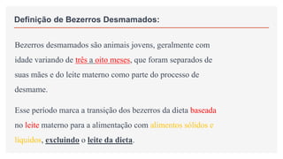 Definição de Bezerros Desmamados:
Bezerros desmamados são animais jovens, geralmente com
idade variando de três a oito meses, que foram separados de
suas mães e do leite materno como parte do processo de
desmame.
Esse período marca a transição dos bezerros da dieta baseada
no leite materno para a alimentação com alimentos sólidos e
líquidos, excluindo o leite da dieta.
 