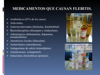 Antibióticos (63% de los casos). Antivirales. Anticonvulsivantes (fenitoína, fenobarbital). Benzodiacepinas (diazepam y midazolam). Adrenérgicos (dobutamina, dopamina, noradrenalina). Anestésicos locales (lidocaína). Antiarritmico (amiodarona). Antagonistas de calcio (nimodipino). Antiulcerosos  (omeprazol) . Soluciones electrolíticas (potasio). MEDICAMENTOS QUE CAUSAN FLEBITIS. 