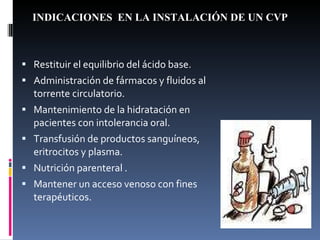 INDICACIONES  EN LA INSTALACIÓN DE UN CVP Restituir el equilibrio del ácido base. Administración de fármacos y fluidos al torrente circulatorio. Mantenimiento de la hidratación en pacientes con intolerancia oral. Transfusión de productos sanguíneos, eritrocitos y plasma. Nutrición parenteral . Mantener un acceso venoso con fines terapéuticos. 