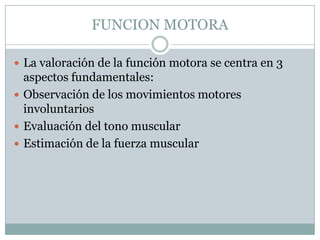 FUNCION MOTORA

 La valoración de la función motora se centra en 3
  aspectos fundamentales:
 Observación de los movimientos motores
  involuntarios
 Evaluación del tono muscular
 Estimación de la fuerza muscular
 