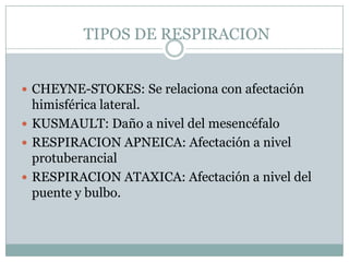 TIPOS DE RESPIRACION


 CHEYNE-STOKES: Se relaciona con afectación
  himisférica lateral.
 KUSMAULT: Daño a nivel del mesencéfalo
 RESPIRACION APNEICA: Afectación a nivel
  protuberancial
 RESPIRACION ATAXICA: Afectación a nivel del
  puente y bulbo.
 