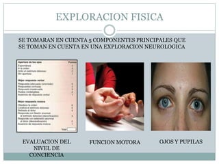 EXPLORACION FISICA

SE TOMARAN EN CUENTA 5 COMPONENTES PRINCIPALES QUE
SE TOMAN EN CUENTA EN UNA EXPLORACION NEUROLOGICA




 EVALUACION DEL      FUNCION MOTORA       OJOS Y PUPILAS
    NIVEL DE
   CONCIENCIA
 
