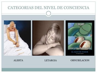CATEGORIAS DEL NIVEL DE CONCIENCIA




  ALERTA       LETARGIA   OBNUBILACION
 