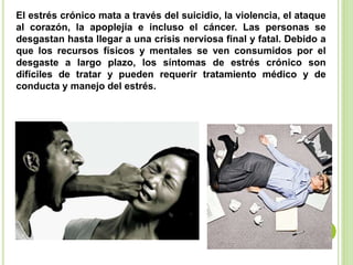 El estrés crónico mata a través del suicidio, la violencia, el ataque
al corazón, la apoplejía e incluso el cáncer. Las personas se
desgastan hasta llegar a una crisis nerviosa final y fatal. Debido a
que los recursos físicos y mentales se ven consumidos por el
desgaste a largo plazo, los síntomas de estrés crónico son
difíciles de tratar y pueden requerir tratamiento médico y de
conducta y manejo del estrés.
 