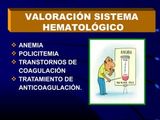  ANEMIA
 POLICITEMIA
 TRANSTORNOS DE
COAGULACIÓN
 TRATAMIENTO DE
ANTICOAGULACIÓN.
VALORACIÓN SISTEMA
HEMATOLÓGICO
 