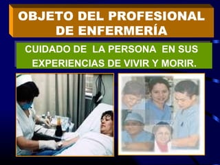 OBJETO DEL PROFESIONAL
DE ENFERMERÍA
CUIDADO DE LA PERSONA EN SUS
EXPERIENCIAS DE VIVIR Y MORIR.
CUIDADO DE LA PERSONA EN SUS
EXPERIENCIAS DE VIVIR Y MORIR.
 