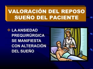  LA ANSIEDAD
PREQUIRÚRGICA
SE MANIFIESTA
CON ALTERACIÓN
DEL SUEÑO
VALORACIÓN DEL REPOSO
SUEÑO DEL PACIENTE
 