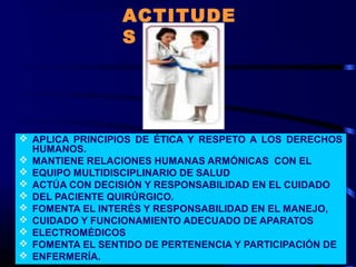  APLICA PRINCIPIOS DE ÉTICA Y RESPETO A LOS DERECHOS
HUMANOS.
 MANTIENE RELACIONES HUMANAS ARMÓNICAS CON EL
 EQUIPO MULTIDISCIPLINARIO DE SALUD
 ACTÚA CON DECISIÓN Y RESPONSABILIDAD EN EL CUIDADO
 DEL PACIENTE QUIRÚRGICO.
 FOMENTA EL INTERÉS Y RESPONSABILIDAD EN EL MANEJO,
 CUIDADO Y FUNCIONAMIENTO ADECUADO DE APARATOS
 ELECTROMÉDICOS
 FOMENTA EL SENTIDO DE PERTENENCIA Y PARTICIPACIÓN DE
 ENFERMERÍA.
ACTITUDE
S
 