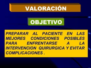 VALORACIÓN
OBJETIVOOBJETIVO
PREPARAR AL PACIENTE EN LAS
MEJORES CONDICIONES POSIBLES
PARA ENFRENTARSE A LA
INTERVENCION QUIRURGICA Y EVITAR
COMPLICACIONES .
 