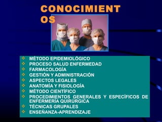  MÉTODO EPIDEMIOLÓGICO
 PROCESO SALUD ENFERMEDAD
 FARMACOLOGÍA
 GESTIÓN Y ADMINISTRACIÓN
 ASPECTOS LEGALES
 ANATOMÍA Y FISIOLOGÍA
 MÉTODO CIENTÍFICO
 PROCEDIMIENTOS GENERALES Y ESPECÍFICOS DE
ENFERMERÍA QUIRÚRGICA
 TÉCNICAS GRUPALES
 ENSEÑANZA-APRENDIZAJE
CONOCIMIENT
OS
 