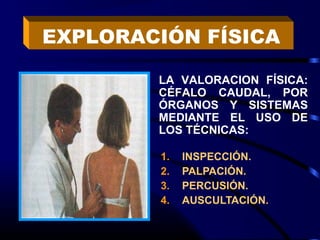 EXPLORACIÓN FÍSICA

        LA VALORACION FÍSICA:
        CÉFALO CAUDAL, POR
        ÓRGANOS Y SISTEMAS
        MEDIANTE EL USO DE
        LOS TÉCNICAS:

        1.   INSPECCIÓN.
        2.   PALPACIÓN.
        3.   PERCUSIÓN.
        4.   AUSCULTACIÓN.
 