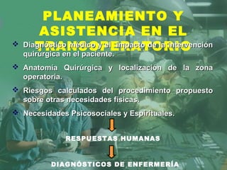 PLANEAMIENTO Y
        ASISTENCIA EN EL

       TRANSOPERATORIO
    Diagnóstico médico y el impacto de la intervención
    quirúrgica en el paciente.
 Anatomía Quirúrgica y localización de la zona
  operatoria.
 Riesgos calculados del procedimiento propuesto
  sobre otras necesidades físicas.
 Necesidades Psicosociales y Espirituales.


               RESPUESTAS HUMANAS



           DIAGNÓSTICOS DE ENFERMERÍA
 