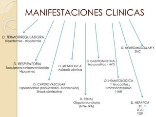 MANIFESTACIONES CLINICAS
D. TERMORREGULADORA
Hipertermia - Hipotermia
D. RESPIRATORIA
Taquipnea o hiperventilación
Hipoxemia
D. CARDIOVASCULAR
Hiperdinamia (taquicardia - hipotensión)
Shock distributivo
D. METABOLICA
Acidosis Láctica
D. RENAL
Oliguria transitoria
(NTA- IRA)
D. GASTROINTESTINAL
Íleo paralitico - HVD
D. HEMATOLOGICA
leucocitos
Trombocitopenia
INR
D. NEUROMUSCULAR Y
SNC
D. HEPATICA
BT
TGO
TGP
 