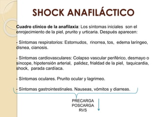 SHOCK ANAFILÁCTICO
Cuadro clínico de la anafilaxia: Los síntomas iniciales son el
enrojecimiento de la piel, prurito y urticaria. Después aparecen:
- Síntomas respiratorios: Estornudos, rinorrea, tos, edema laríngeo,
disnea, cianosis.
- Síntomas cardiovasculares: Colapso vascular periférico, desmayo o
síncope, hipotensión arterial, palidez, frialdad de la piel, taquicardia,
shock, parada cardíaca.
- Síntomas oculares. Prurito ocular y lagrimeo.
- Síntomas gastrointestinales. Nauseas, vómitos y diarreas.
PRECARGA
POSCARGA
RVS
 