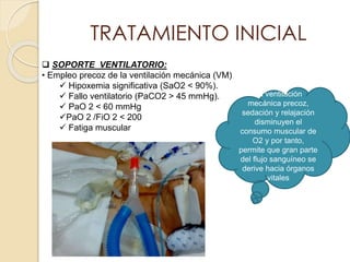 TRATAMIENTO INICIAL
 SOPORTE VENTILATORIO:
• Empleo precoz de la ventilación mecánica (VM)
 Hipoxemia significativa (SaO2 < 90%).
 Fallo ventilatorio (PaCO2 > 45 mmHg).
 PaO 2 < 60 mmHg
PaO 2 /FiO 2 < 200
 Fatiga muscular
La ventilación
mecánica precoz,
sedación y relajación
disminuyen el
consumo muscular de
O2 y por tanto,
permite que gran parte
del flujo sanguíneo se
derive hacia órganos
vitales
 