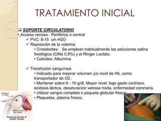 TRATAMIENTO INICIAL
 SOPORTE CIRCULATORIO
• Acceso venoso : Periférico o central
 PVC: 8-15 cm H2O
 Reposición de la volemia:
• Cristaloides: Se emplean habitualmente las soluciones salina
fisiológica (ClNa 0,9%) y el Ringer Lactato.
• Coloides: Albumina
 Transfusión sanguínea:
• Indicado para mejorar volumen y/o nivel de Hb, como
transportador de O2 .
• Mantener sobre 8 - 10 g/dl. Mayor nivel: bajo gasto cardíaco,
acidosis láctica, desaturación venosa mixta, enfermedad coronaria.
• Utilizar sangre completa ó paquete globular fresco.
• Plaquetas, plasma fresco.
 
