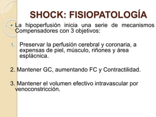  La hipoperfusión inicia una serie de mecanismos
Compensadores con 3 objetivos:
1. Preservar la perfusión cerebral y coronaria, a
expensas de piel, músculo, riñones y área
esplácnica.
2. Mantener GC, aumentando FC y Contractilidad.
3. Mantener el volumen efectivo intravascular por
venoconstricción.
SHOCK: FISIOPATOLOGÍA
 