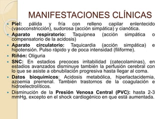  Piel: pálida y fría con relleno capilar enlentecido
(vasoconstricción), sudorosa (acción simpática) y cianótica.
 Aparato respiratorio: Taquipnea (acción simpática o
compensatorio de la acidosis)
 Aparato circulatorio: Taquicardia (acción simpática) e
hipotensión. Pulso rápido y de poca intensidad (filiforme).
 Riñón: Oliguria
 SNC: En estadios precoces irritabilidad (catecolaminas), en
estadios avanzados disminuye también la perfusión cerebral con
lo que se asiste a obnubilación progresiva hasta llegar al coma.
 Datos bioquímicos: Acidosis metabólica, hiperlactacidemia,
azoemia prerrenal. También trastornos de la coagulación e
hidroelectrolíticos.
 Disminución de la Presión Venosa Central (PVC): hasta 2-3
mmHg, excepto en el shock cardiogénico en que está aumentada.
MANIFESTACIONES CLÍNICAS
 