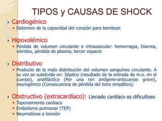 TIPOS y CAUSAS DE SHOCK
 Cardiogénico
 Deterioro de la capacidad del corazón para bombear.
 Hipovolémico
 Pérdida de volumen circulante o intravascular: hemorragia, Diarrea,
vómitos, pérdida de plasma, tercer espacio
 Distributivo
 Producto de la mala distribución del volumen sanguíneo circulante. A
su vez se subdivide en: Séptico (resultado de la entrada de m.o. en el
cuerpo), anafiláctico (Por una rxn antígeno-anticuerpo grave),
neurogénico (Consecuencia de pérdida del tono simpático).
 Obstructivo (extracardíaco): Llenado cardíaco es dificultoso
 Taponamiento cardiaco
 Embolismo pulmonar (TEP)
 Neumotórax a tensión
 