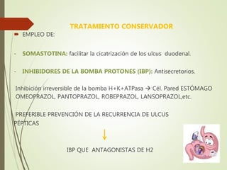 TRATAMIENTO CONSERVADOR
 EMPLEO DE:
- SOMASTOTINA: facilitar la cicatrización de los ulcus duodenal.
- INHIBIDORES DE LA BOMBA PROTONES (IBP): Antisecretorios.
Inhibición irreversible de la bomba H+K+ATPasa  Cél. Pared ESTÓMAGO
OMEOPRAZOL, PANTOPRAZOL, ROBEPRAZOL, LANSOPRAZOL,etc.
PREFERIBLE PREVENCIÓN DE LA RECURRENCIA DE ULCUS
PÉPTICAS
IBP QUE ANTAGONISTAS DE H2
 