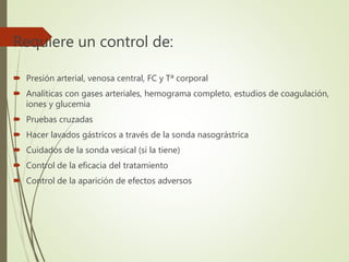 Requiere un control de:
 Presión arterial, venosa central, FC y Tª corporal
 Analíticas con gases arteriales, hemograma completo, estudios de coagulación,
iones y glucemia
 Pruebas cruzadas
 Hacer lavados gástricos a través de la sonda nasográstrica
 Cuidados de la sonda vesical (si la tiene)
 Control de la eficacia del tratamiento
 Control de la aparición de efectos adversos
 