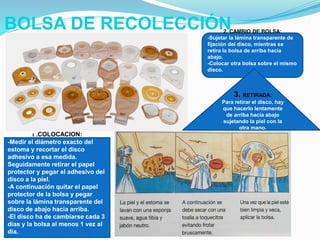 BOLSA DE RECOLECCIÓN
1 .COLOCACION:
-Medir el diámetro exacto del
estoma y recortar el disco
adhesivo a esa medida.
Seguidamente retirar el papel
protector y pegar el adhesivo del
disco a la piel.
-A continuación quitar el papel
protector de la bolsa y pegar
sobre la lámina transparente del
disco de abajo hacia arriba.
-El disco ha de cambiarse cada 3
días y la bolsa al menos 1 vez al
día.
2. CAMBIO DE BOLSA:
-Sujetar la lámina transparente de
fijación del disco, mientras se
retira la bolsa de arriba hacia
abajo.
-Colocar otra bolsa sobre el mismo
disco.
3. RETIRADA:
Para retirar el disco, hay
que hacerlo lentamente
de arriba hacia abajo
sujetando la piel con la
otra mano.
 