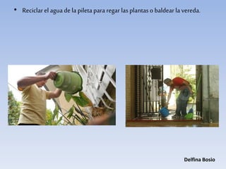 • Reciclar el agua de la piletapara regar las plantas o baldear la vereda.
Delfina Bosio
 