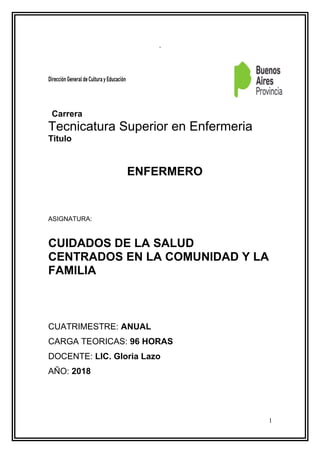 Carrera
Tecnicatura Superior en Enfermeria
Titulo
ENFERMERO
ASIGNATURA:
CUIDADOS DE LA SALUD
CENTRADOS EN LA COMUNIDAD Y LA
FAMILIA
CUATRIMESTRE: ANUAL
CARGA TEORICAS: 96 HORAS
DOCENTE: LIC. Gloria Lazo
AÑO: 2018
1
 