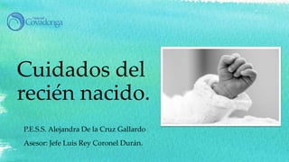Cuidados del
recién nacido.
P.E.S.S. Alejandra De la Cruz Gallardo
Asesor: Jefe Luis Rey Coronel Durán.
 