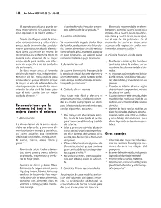 148    Rev Enferm IMSS 2002; 10 (3): 145-149




   El aspecto psicológico puede ser               Fuentes de yodo. Pescados y maris-            El ejercicio recomendable en el em-
muy importante si hay alguna situa-               cos, además de la sal yodada.14            barazo es: caminar cuatro pasos para
ción especial en la madre soltera.11                                                         inhalar, dos a cuatro pasos para rete-
                                               2. Hábitos intestinales                       ner el aire y cuatro pasos para expul-
    Desde el enfoque social, la situa-                                                       sar el aire de los pulmones. En el
ción socioeconómica y cultural de la           Se recomienda la ingesta de dos litros        momento del parto es importante
embarazada determina las condicio-             de líquidos, realizar ejercicio físico dia-   acompasar la respiración con los mo-
nes en que evoluciona tanto el emba-           rio, comer alimentos con alto residuo         vimientos de contracción.16
razo como la atención del mismo. Se            como salvado, piña, manzana, papaya y
recomienda a la enfermera tener en             en caso necesario, un laxante suave           6. Postura física en la vida diaria
cuenta cada situación de la mujer              como mermelada o jugo de ciruela.
embarazada para realizar una inter-                                                          • Mantener la cabeza y los hombros
vención específica de los cuidados             3. Actividad sexual                             centrados sobre la cadera, así se
de enfermería.                                                                                 mantiene la columna vertebral de-
    Se dará importancia al fomento             Se sugiere disminuir la frecuencia de           recha.
del vínculo madre-hijo, independien-           la actividad sexual durante el primer y       • Al levantar algún objeto no doblar
temente de las motivaciones para               último trimestre. Debe evitarse en los          por la cintura, sino doblar las cade-
embarazarse, ya que el hecho de que            casos en que existe amenaza de abor-            ras y las rodillas, y levantarse con las
la mujer se vincule adecuadamente              to o parto prematuro.9                          piernas.
desde que empieza a sentir los movi-                                                         • Cuando se intente alcanzar algún
mientos fetales dará las bases para            4. Cuidado de las mamas                         objeto virar el cuerpo entero, no sólo
que el niño cuente con un mejor                                                                la cabeza y el cuello.
cuidado al nacer.12                            Para hacer más fácil y efectivo el            • Cuando la mujer esté sentada, debe
                                               amamantamiento, se debe recomen-                mantener las rodillas al nivel de las
                                               dar a la madre que prepare sus senos            caderas, así se mantendrá la espalda
Recomendaciones que la                         para la lactancia durante el embarazo,          derecha
enfermera (o) dará a las                       con las siguientes acciones:                  • Dormir de lado con las rodillas un
mujeres durante el embarazo                                                                    poco flexionadas. Usar una almoha-
                                               • Dar masajes de afuera hacia aden-             da en el cuello, una entre las rodillas
1. Alimentación                                  tro, desde la base hasta el pezón,            y otra debajo del abdomen para
                                                 para favorecer el llenado y la salida         aliviar la presión en la columna ver-
La alimentación de la embarazada                 de la leche.                                  tebral.
debe ser adecuada, y consumir ali-             • Jalar y girar con suavidad el pezón
mentos ricos en energía y proteínas,             varias veces y usar brassier perfora-
así como aquellos que contienen                  do en el centro, del tamaño de la           Otros consejos
vitaminas y minerales, principalmen-             areola para favorecer la formación
te calcio, hierro, ácido fólico y                del pezón.                                  • Informar a las mujeres embaraza-
yodo.13                                        • Ofrecer la leche desde el primer día          das los cambios fisiológicos nor-
                                                 (llamada calostro) ya que contiene            males durante las etapas del
   Fuentes de calcio. Leche y deriva-            gran cantidad de sustancias protec-           puerperio.
   dos, como queso y crema, además               toras para el niño.15                       • Examen del recién nacido, incluyendo
   de pescado, leguminosas y verdu-            • No utilizar aceites, cremas o jabo-           la prueba de tamizaje neonatal.
   ras de hoja verde.                            nes, con el baño diario es suficien-        • Promover la lactancia materna.
                                                 te.                                         • Orientación, consejería integral en
   Fuentes de hierro y ácido fólico.                                                           planificación familiar y anticoncep-
   Alimentos de origen animal, como            5. Ejercicios físicos recomendados              ción posparto.9
   hígado y huevo; frijoles, lentejas y
   verduras de hoja verde. Para mejo-          Respiración. Ésta se modifica en fun-
   rar la absorción de estos alimentos,        ción del volumen del útero; enton-
   combinar con alimentos ricos en             ces, la respiración abdominal va
   vitamina C como guayaba, manda-             reduciéndose de forma natural, para
   rina, naranja.                              dar paso a la respiración torácica.
 