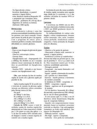 Cuidados Paliativos Oncológicos - Controle de Sintomas

· Na hipercalcemia crônica:
incentivar deambulação, se possível
aumentar a ingesta hídrica;
evitar diuréticos tiazídicos,bloqueador H2
e preparações que contenham cálcio;
corticóide - prednisona 20 a 40 mg /dia se
diagnóstico de mieloma ou linfoma;
clodronato 1600 mg/dia.

Ao término do sexto dia, somar as unidades
de insulina regular necessárias nesta segunda
etapa, dividir por 3 e acrescentar 1/3 a 1/2 das
unidades calculadas de insulina NPH ao
primeiro cálculo.

LINFEDEMA

A intolerância à glicose é uma das
primeiras anormalidades metabólicas descritas
em pacientes com câncer avançado. Ocorre
antes mesmo da perda de peso e da caquexia.
Com a progressão do câncer, piora a
resistência periférica à insulina, determinando
dificuldades no controle glicêmico.

A ocorrência nos MMSS está em 40%
dos casos relacionada a linfadenectomia axilar
e RXT; nos MMII geralmente decorre de
tumoração pélvica.
Na indisponibilidade de realizar color
doppler e outros complementares, devemos
excluir tumoração, cisto, ascite, trombose
venosa profunda, insuficiência cardíaca
congestiva e baixa acentuada da dosagem
sérica de albumina.

Conduta:

Conduta:

· Duas ou mais dosagens da glicemia de jejum
>110mg/dl;
· Observar corticoterapia crônica;
· Orientar dieta;
· Hipoglicemiante oral - clorpropamida 125
a 1000mg /dia dividido em até 3 tomadas
(observar menor concentração da divisão da
dose na possibilidade de hipoglicemia
noturna);
· Insulina NPH - indicada se não houver
controle com hipoglicemiante oral.

· Observar se há queixa do paciente;
· Observando a função renal, aumentar, se
possível, a ingesta protéica;
· Antibióticos (critérios já estabelecidos) devemos dar ênfase em prevenir (por ex. com
uso de penicilina V - 0,5 a 1 g a cada 6 ou 8
h). Para tratamento usamos por 14 dias
conforme sensibilidade apresentada.
· Drenagem postural:
Compressão - visa manter diminuído o vol
ume do membro;
Suporte - quando a diminuição do membro
não é prevista ou é desnecessária;
Exercício - visando preservar o movimento
do membro acometido;
Se linfedema de MMII - compressão, se
MMSS - compressão e suporte;
Higiene - sugerimos uso de permanganato
de potássio.
· Uso de diurético: furosemida 40 a 80mg/
dia associado a espironolactona 200 a 400mg/
dia no caso de edema generalizado;
· Se sem sucesso após 2 a 3 dias o uso de
diuréticos, iniciar dexametasona 16mg/dia
(caso de compressão linfática);
· Quando com comprometimento venoso
associado (tumor ou trombose), acrescentar
corticóide ao diurético. Usar anticoagulante
(cumarínico ou Acido acetil salicilico). Não
esquecer do bloqueador H²;
· Infiltração tumoral - suporte;
· Pele frágil - suporte e compressão;
· Linforréia - rever perda da continuidade.

HIPERGLICEMIA

Obs.: após titulação da dose de insulina
regular de acordo com a glicemia capilar pré
prandial 4x dia.
Aplicar insulina regular SC de acordo com
o intervalo de variação da glicemia capilar
(atenção aos diferentes valores orientados
pelas diversas marcas de fita).
Em geral:
até 180mg % não fazer;
81 a 240mg % 2 a 4UI;
241 a 300mg % 3 a 6UI;
301 a 400mg % 4 a 8UI;
acima de 400mg % 6 a 10UI.
Cálculo de NPH: somar o total de
unidades usadas de insulina regular/dia
administrada em 3 dias consecutivos e dividir
por 3. Do quarto ao sexto dias aplicar 1/3 a
½ da dose da insulina NPH calculada antes
do desjejum e manter o mesmo esquema de
controle com a insulina regular.

Revista Brasileira de Cancerologia, 2002, 48(2): 191-211

203

 