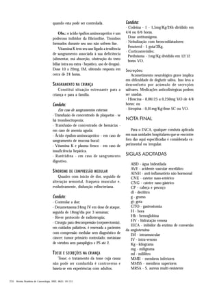 quando esta pode ser controlada.
Obs.: o ácido épsilon aminocapróico é um
poderoso inibidor da fibrinólise. Trombos
formados durante seu uso não sofrem lise.
Vitamina K tem seu uso ligado a tendência
de sangramento associada à sua deficiência
(alimentar, má absorção, obstrução do trato
biliar intra ou extra - hepático, uso de drogas).
Dose 10 a 20mg, IM, obtendo resposta em
cerca de 24 horas.

SANGRAMENTO NA CRIANÇA
Constitui situação estressante para a
criança e para a família.

Conduta:
Em caso de sangramentos externos
· Transfusão de concentrado de plaquetas - se
há trombocitopenia;
· Transfusão de concentrado de hemácias em caso de anemia aguda;
· Ácido épsilon-aminocapróico - em caso de
sangramento de mucosa bucal;
· Vitamina K e plasma fresco - em caso de
insuficiência hepática.
· Ranitidina - em caso de sangramento
digestivo.

SÍNDROME DE COMPRESSÃO MEDULAR
Quadro com início de dor, seguido de
alteração sensorial, fraqueza muscular e,
evolutivamente, disfunção esfincteriana.

Conduta:
· Controlar a dor;
· Dexametasona 24mg IV em dose de ataque,
seguida de 18mg/dia por 3 semanas;
· Rever protocolo de radioterapia;
· Cirurgia para descompressão (corporectomia),
em cuidados paliativos, é reservada a pacientes
com compressão medular sem diagnóstico de
câncer; tumor primário controlado; metástase
de vértebra sem paraplégica e PS até 2.

TOSSE E SECREÇÕES NA CRIANÇA
Tosse: o tratamento da tosse cuja causa
não pode ser combatida é controverso e
baseia-se em experiências com adultos.
206 Revista Brasileira de Cancerologia, 2002, 48(2): 191-211

Conduta:
· Codeína - 1 - 1,5mg/Kg/24h dividido em
4/4 ou 6/6 horas.
Dose antitussígena.
· Nebulização com broncodilatadores:
Fenoterol - 1 gota/3Kg.
· Corticosteróides:
Prednisona - 1mg/Kg dividido em 12/12
horas VO.
Secreções:
Acometimento neurológico grave implica
em dificuldade de deglutir saliva. Isso leva a
desconforto por acúmulo de secreções
salivares. Medicações anticolinérgicas podem
ser usadas.
· Hioscina - 0,06125 a 0,250mg VO de 4/4
horas; ou
· Atropina - 0,01mg/Kg/dose SC ou VO.

NOTA FINAL
Para o INCA, qualquer conduta aplicada
em suas unidades hospitalares que se encontre
fora das aqui especificadas é considerada experimental ou irregular.

SIGLAS ADOTADAS
ABD - água bidestilada
AVE - acidente vascular encefálico
AINH - anti-inflamatório não hormonal
CNE - cateter naso-entérico
CNG - cateter naso-gástrico
CP - cabeça e pescoço
dl - decilitro
g - gramo
gt- gota
GTO - gastrostomia
H - hora
Hb - hemoglobina
HV - hidratação venosa
IECA - inibidor da enzima de conversão
da angiotensina
IM - intramuscular
IV - intra-venoso
Kg - kilograma
mg - miligrama
ml - mililitro
MMII - membros inferiores
MMSS - membros superiores
MRSA - S. aureus multi-resistente

 