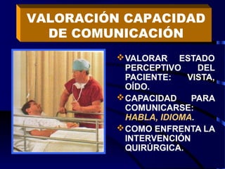 VALORAR ESTADO
PERCEPTIVO DEL
PACIENTE: VISTA,
OÍDO.
CAPACIDAD PARA
COMUNICARSE:
HABLA, IDIOMA.
COMO ENFRENTA LA
INTERVENCIÓN
QUIRÚRGICA.
VALORACIÓN CAPACIDAD
DE COMUNICACIÓN
 