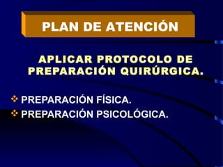 APLICAR PROTOCOLO DE
PREPARACIÓN QUIRÚRGICA.
 PREPARACIÓN FÍSICA.
 PREPARACIÓN PSICOLÓGICA.
PLAN DE ATENCIÓN
 