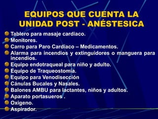 EQUIPOS QUE CUENTA LA
UNIDAD POST - ANÉSTESICA
Tablero para masaje cardiaco.
Monitores.
Carro para Paro Cardiaco – Medicamentos.
Alarma para incendios y extinguidores o manguera para
incendios.
Equipo endotraqueal para niño y adulto.
Equipo de Traqueostomía.
Equipo para Venodisección
Cánulas Bucales y Nasales.
Balones AMBU para lactantes, niños y adultos.
Aparato portasueros .
Oxigeno.
Aspirador.
 