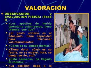OBSERVACION y
EVALUACION FISICA: (Fase
I)
 ¿Los apósitos de herida
operatoria están secos, tiene
drenaje, qué tipo?
 ¿El gasto urinario es el
adecuado, tiene capacidad
para miccionar
voluntariamente?
 ¿Cómo es su estado mental?
 ¿Tiene dolor, cómo es su
fascie, no se mueve, llora, se
queja, se ríe, etc?
 ¿Está nauseoso, ha llegado
al vómito?
 ¿La posición dada a la
VALORACIÓN
 