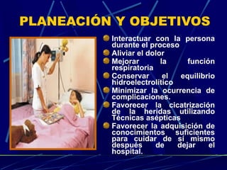 PLANEACIÓN Y OBJETIVOS
Interactuar con la persona
durante el proceso
Aliviar el dolor
Mejorar la función
respiratoria
Conservar el equilibrio
hidroelectrolítico
Minimizar la ocurrencia de
complicaciones.
Favorecer la cicatrización
de la heridas utilizando
Técnicas asépticas
Favorecer la adquisición de
conocimientos suficientes
para cuidar de sí mismo
después de dejar el
hospital.
 