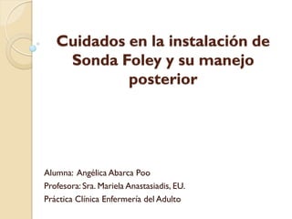 Cuidados en la instalación de
    Sonda Foley y su manejo
            posterior




Alumna: Angélica Abarca Poo
Profesora: Sra. Mariela Anastasiadis, EU.
Práctica Clínica Enfermería del Adulto
 